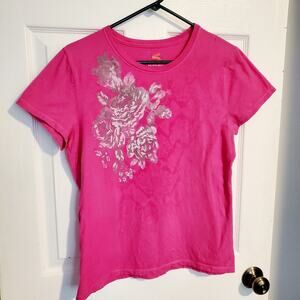 HANES Woman's hot pink t-shirt with silver roses sz. Med